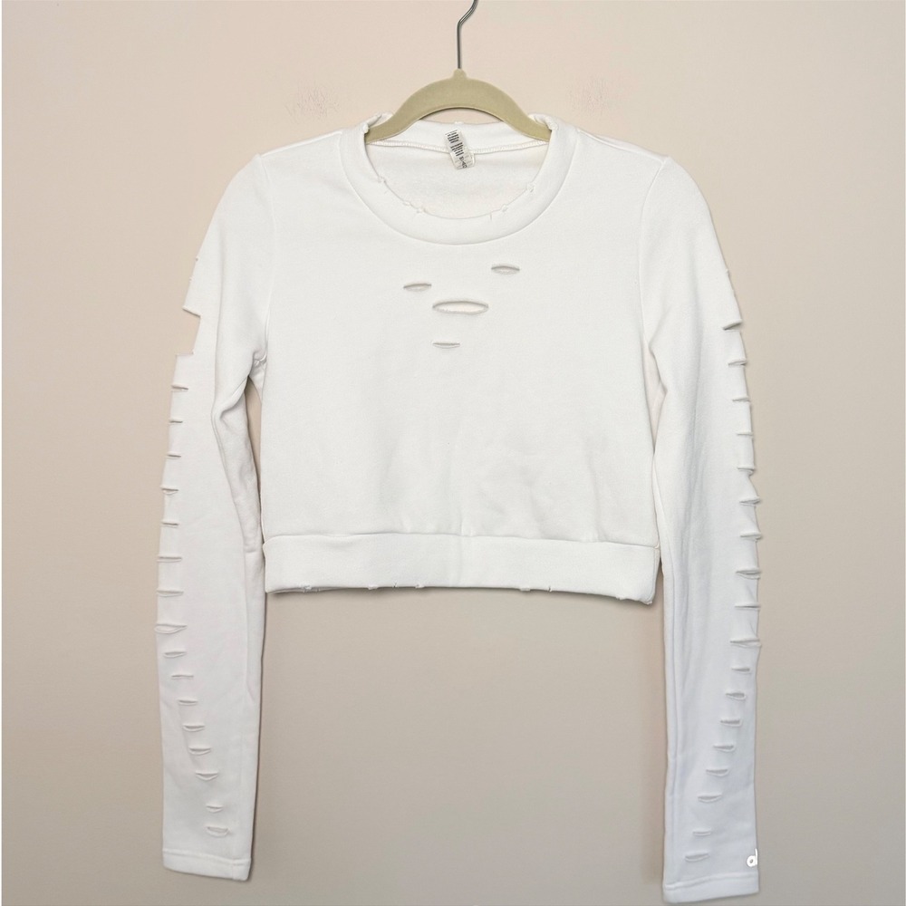 Women's ALO Yoga Ripped Warrior Crewneck Sweatshirt Athletic White Cropped SZ XS